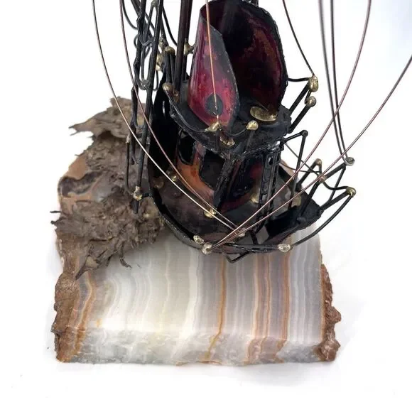 Vintage Nautical Decor Sculpture Copper Metal Sailboat On Marble Stone Base - Picture 6 of 10